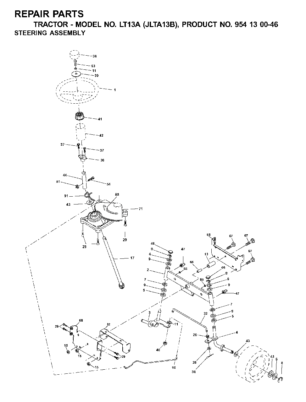 Steering Diagram and Parts List for LT13A (954130046)(2001-02) Jonsered Lawn Tractor