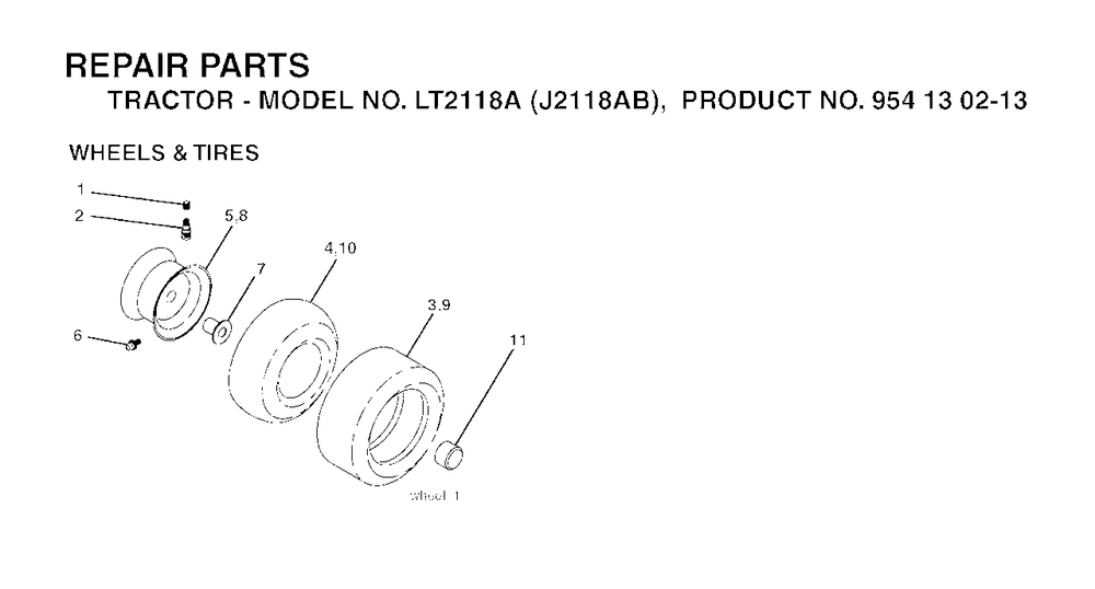 Wheels Tires Diagram and Parts List for LT2118A (954130213)(2004-06) Jonsered Lawn Tractor