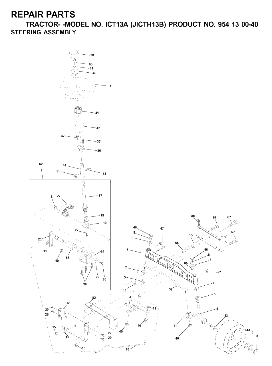 Steering Diagram and Parts List for ICT13A (954130040)(2000-04) Jonsered Lawn Tractor