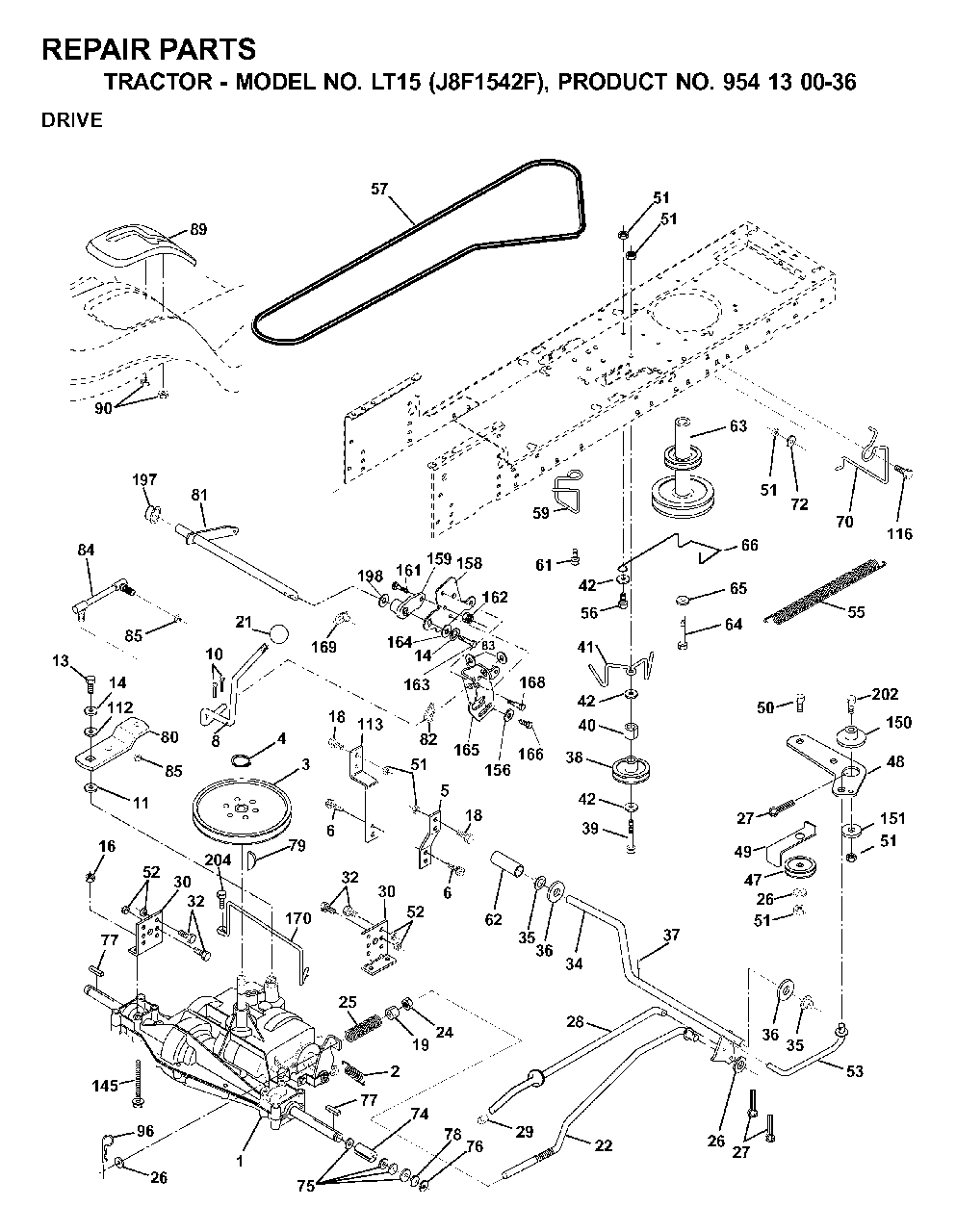 Drive Diagram and Parts List for LT15 (954130036)(2000-04) Jonsered Lawn Tractor