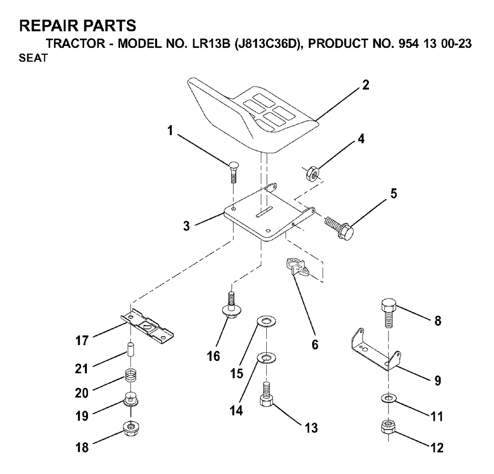 Seat Diagram and Parts List for LR13B (954130023)(2000-04) Jonsered Lawn Tractor