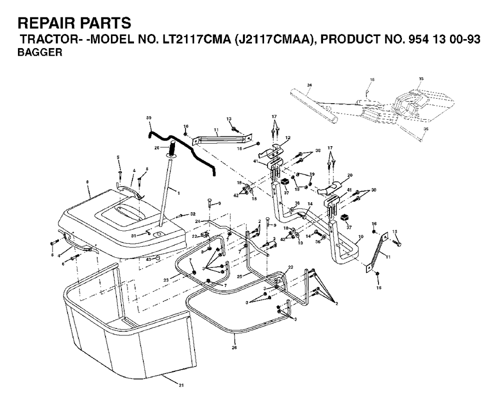 Bagger Diagram and Parts List for LT2117CMA (954130093)(2003-01) Jonsered Lawn Tractor