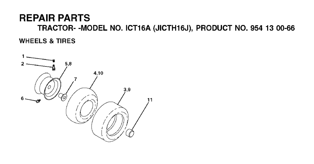 Wheels Tires Diagram and Parts List for ICT16A (954130066-J)(2002-06) Jonsered Lawn Tractor