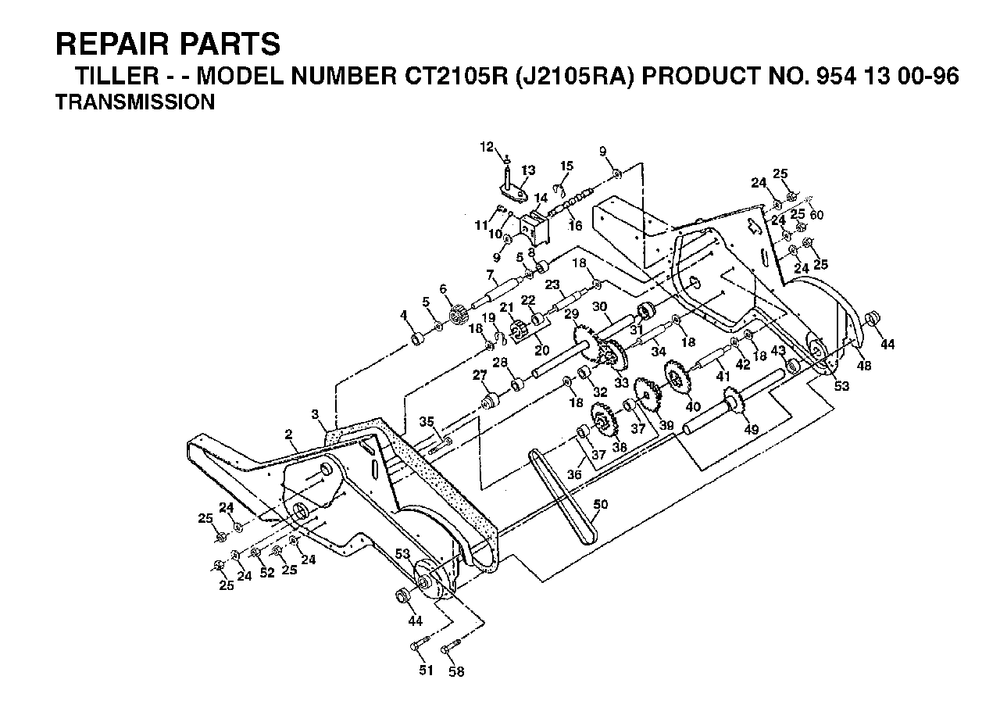 Transmission Diagram and Parts List for CT2105R (954130096)(2003-01) Jonsered Tiller