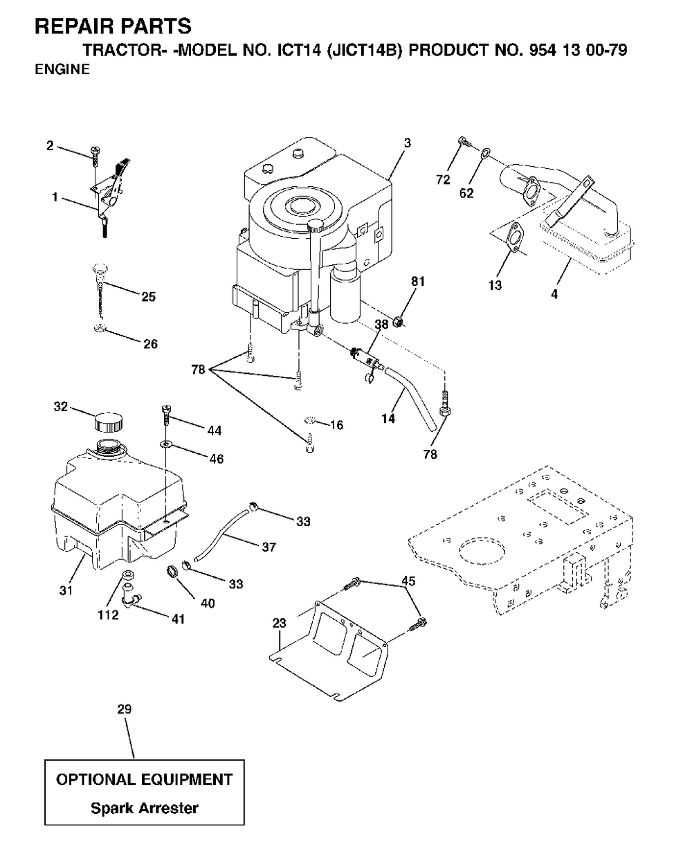 Engine Diagram and Parts List for ICT14 (954130079)(2002-02) Jonsered Lawn Tractor