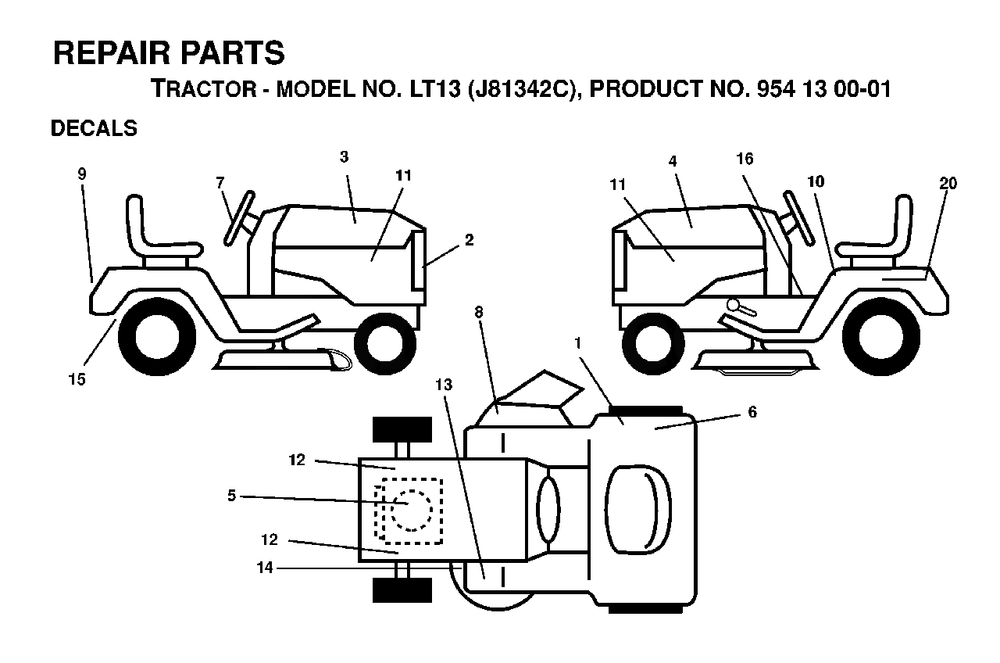 Decals Diagram and Parts List for LT13 (954130001)(1998-12) Jonsered Lawn Tractor