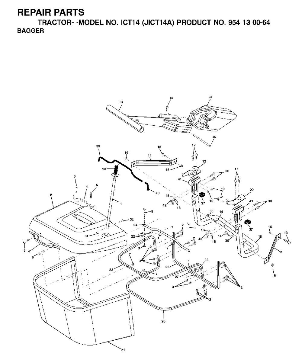 Bagger Diagram and Parts List for ICT14 (954130064)(2002-02) Jonsered Lawn Tractor