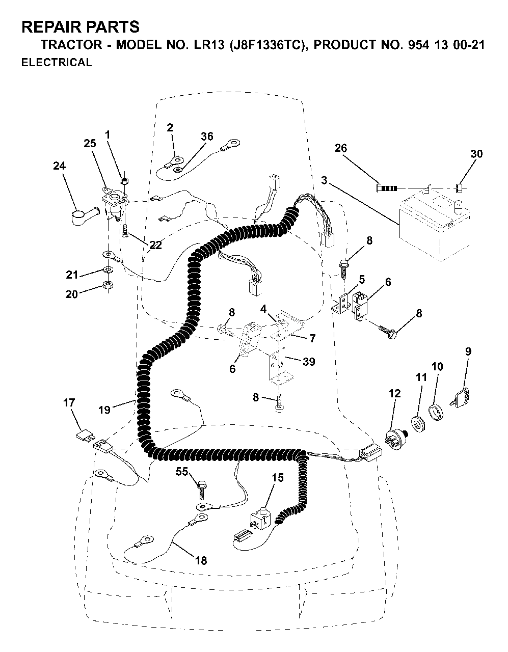 Electrical Diagram and Parts List for LR13 (954130021)(2000-02) Jonsered Lawn Tractor