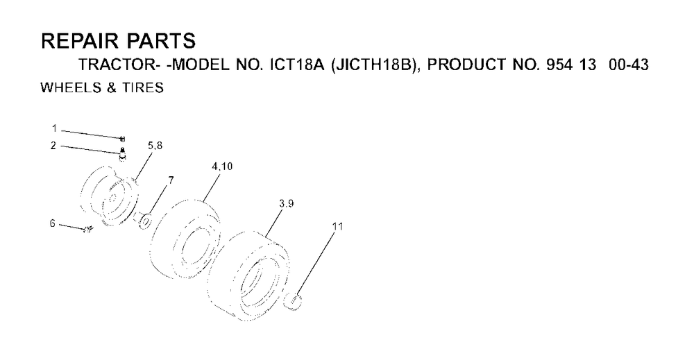 Wheels Tires Diagram and Parts List for ICT18A (954130043-B)(2001-02) Jonsered Lawn Tractor