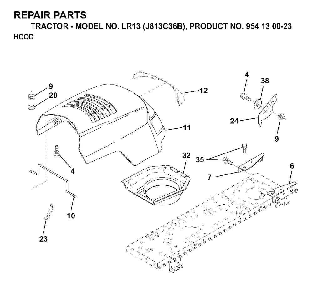 Hood Diagram and Parts List for LR13 (954130023)(1998-12) Jonsered Lawn Tractor