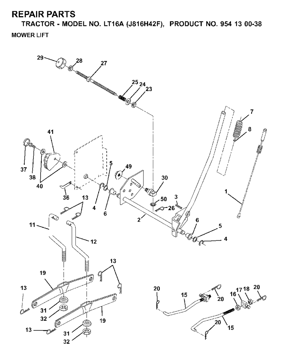 Mower Lift / Deck Lift Diagram and Parts List for LT16A (954130038)(2000-03) Jonsered Lawn Tractor