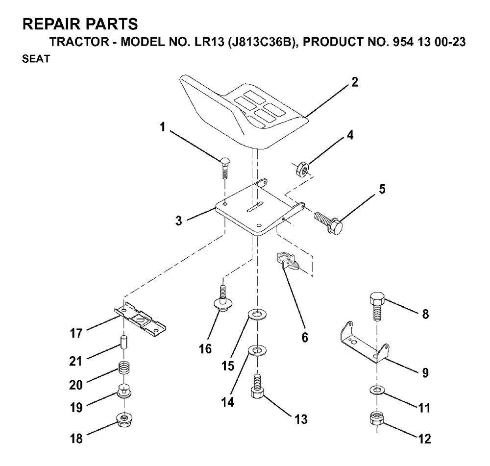 Seat Diagram and Parts List for LR13 (954130023)(1998-12) Jonsered Lawn Tractor