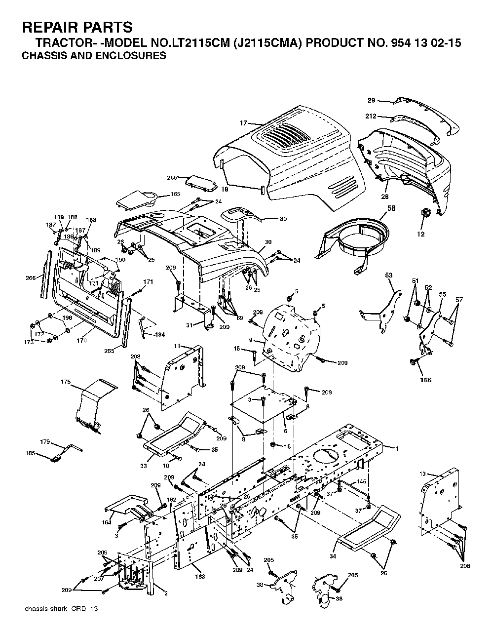 Chassis Enclosures Diagram and Parts List for LT2115CM (954130215)(2004-01) Jonsered Lawn Tractor