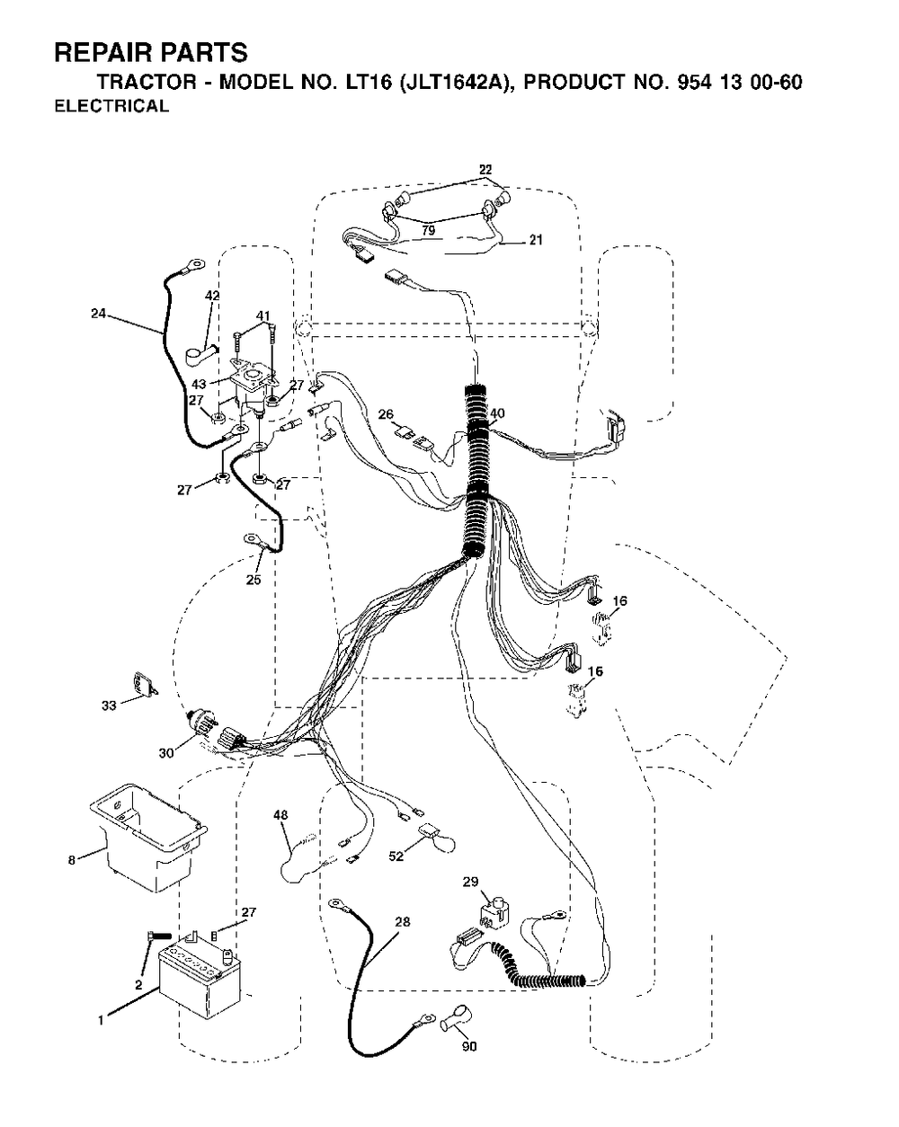 Electrical Diagram and Parts List for LT16 (954130060-A)(2002-06) Jonsered Lawn Tractor