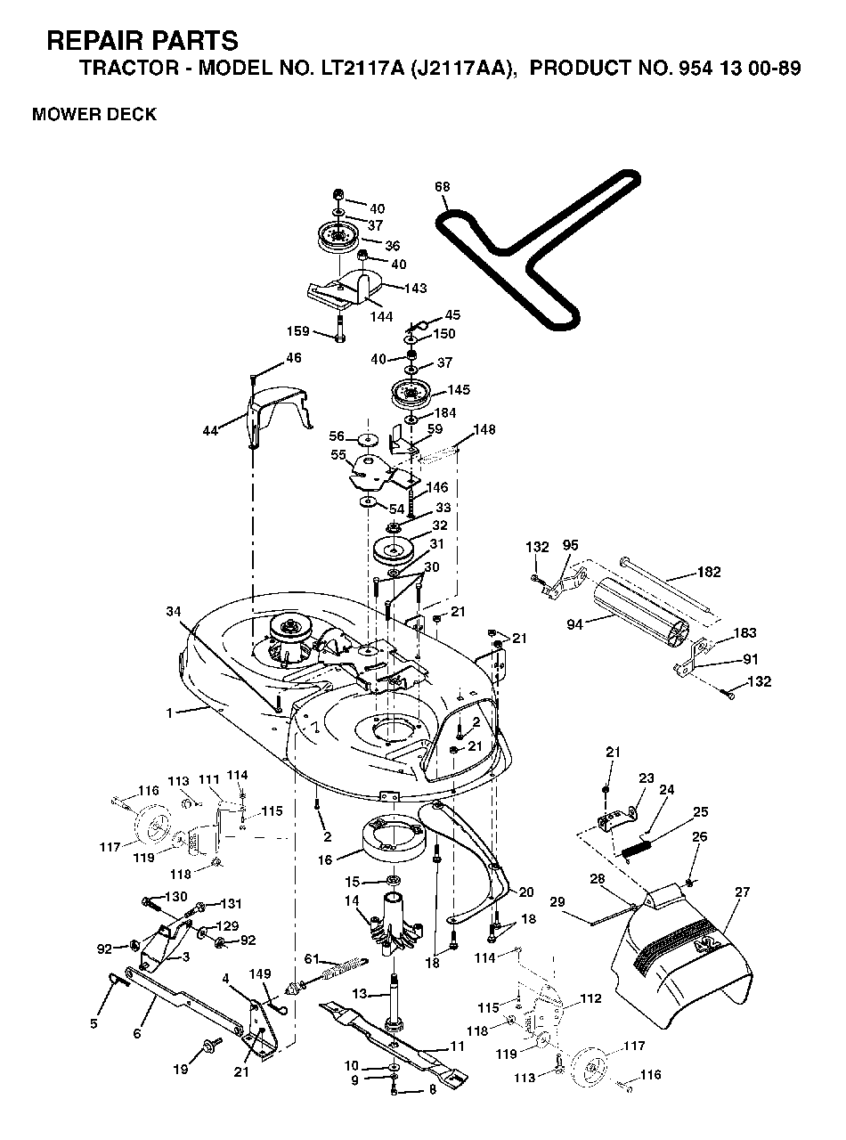 Mower Deck / Cutting Deck Diagram and Parts List for LT2117A (954130089)(2003-01) Jonsered Lawn Tractor