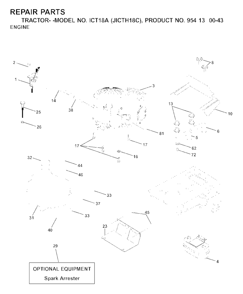 Engine Cutting Equipment Diagram and Parts List for ICT18A (954130043-C)(2001-02) Jonsered Lawn Tractor