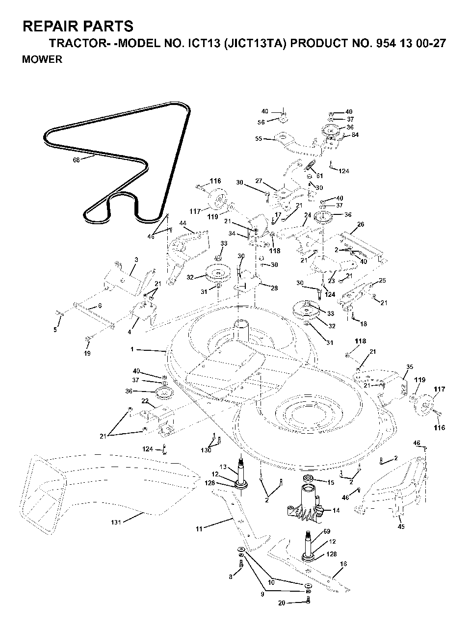 Mower Deck / Cutting Deck Diagram and Parts List for ICT13 (954130027)(1999-03) Jonsered Lawn Tractor
