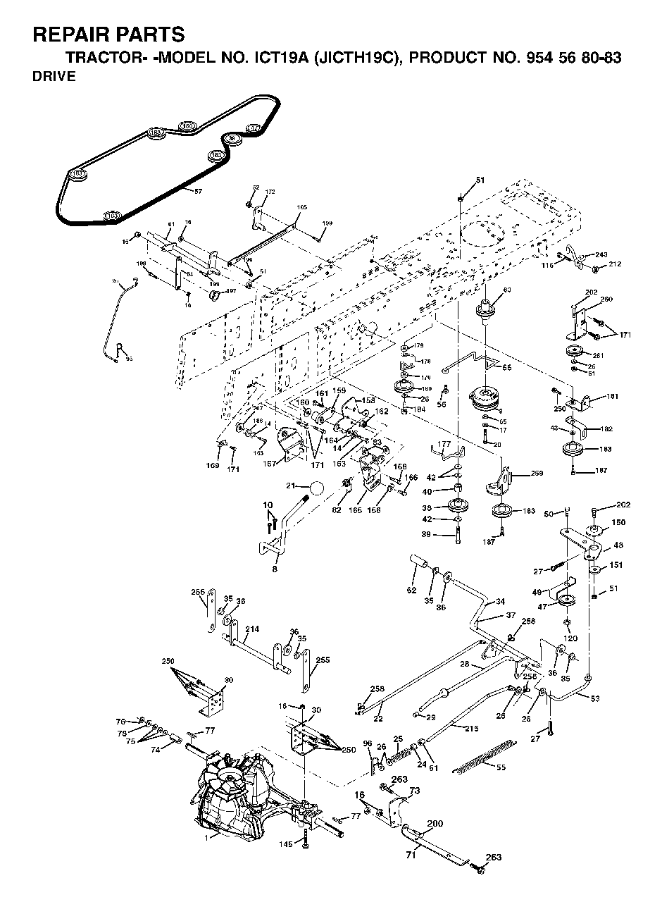 Drive Diagram and Parts List for ICT19A (954568083)(2002-06) Jonsered Lawn Tractor