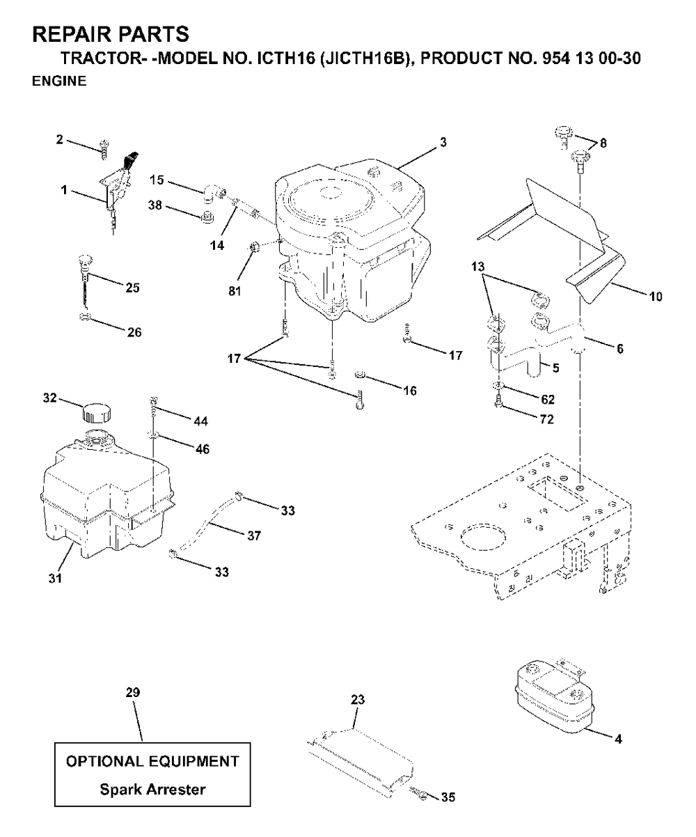 Engine Cutting Equipment Diagram and Parts List for ICTH16 (954130030)(1999-03) Jonsered Lawn Tractor