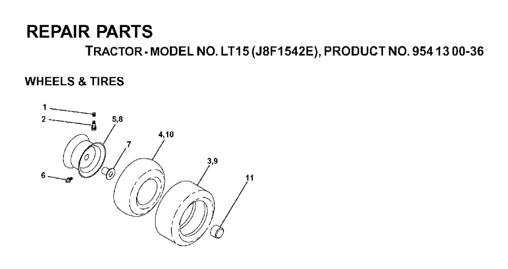Wheels Tires Diagram and Parts List for LT15 (954130036)(2000-03) Jonsered Lawn Tractor