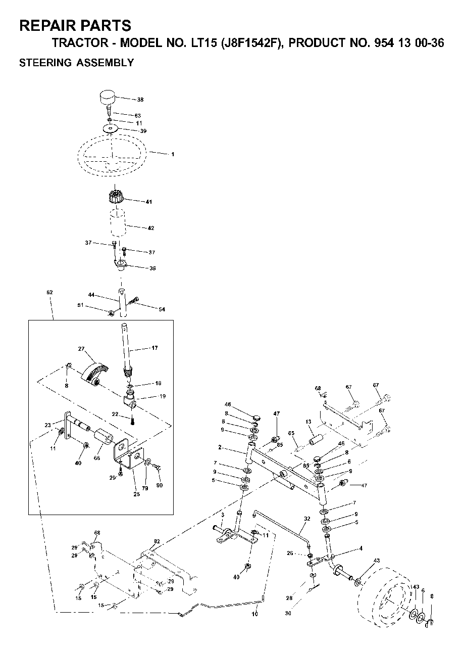 Steering Diagram and Parts List for LT15 (954130036)(2000-04) Jonsered Lawn Tractor