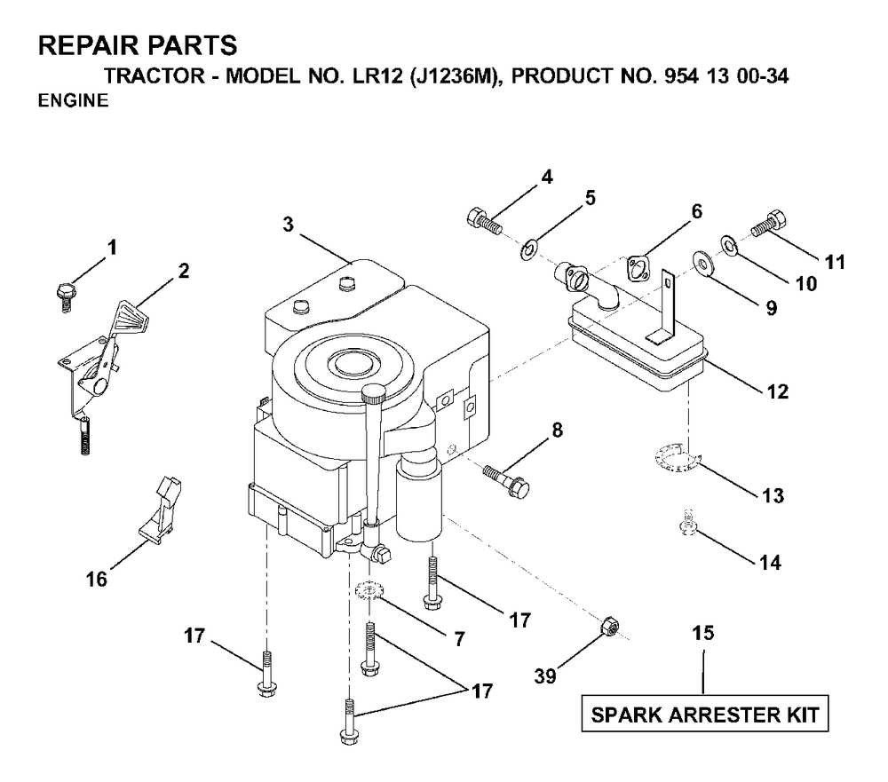 Engine Cutting Equipment Diagram and Parts List for LR12 (954130034)(2000-04) Jonsered Lawn Tractor