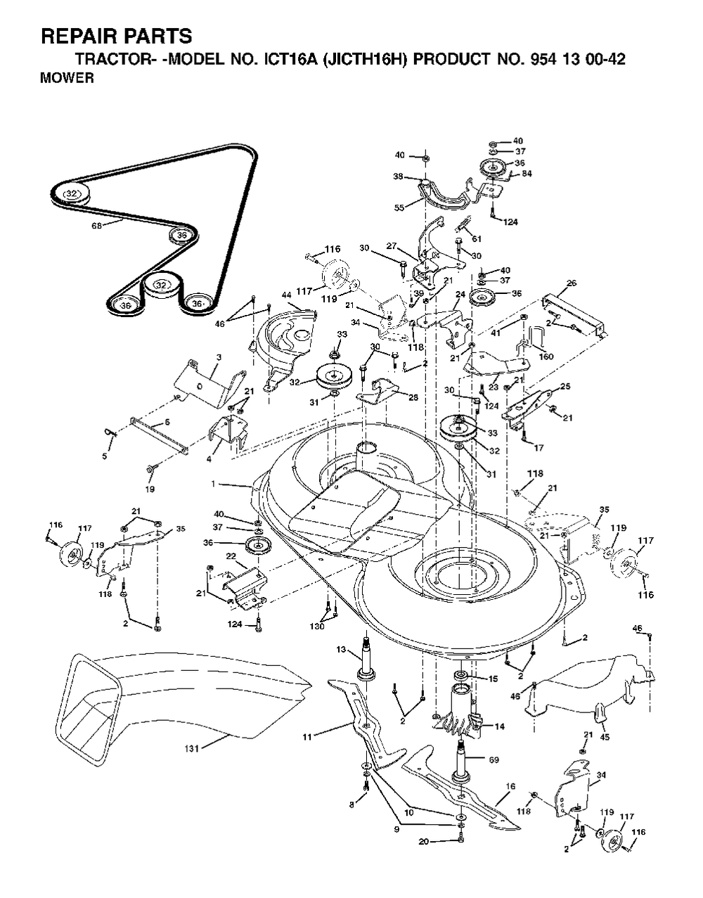 Mower Deck / Cutting Deck Diagram and Parts List for ICT16A (954130042-H)(2002-01) Jonsered Lawn Tractor