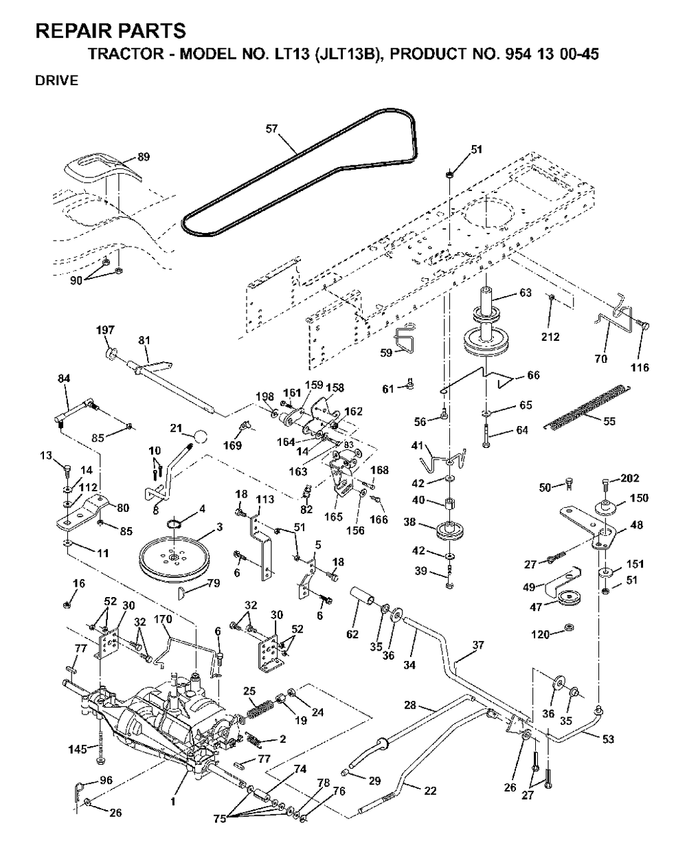Drive Diagram and Parts List for LT13 (954130045)(2001-02) Jonsered Lawn Tractor