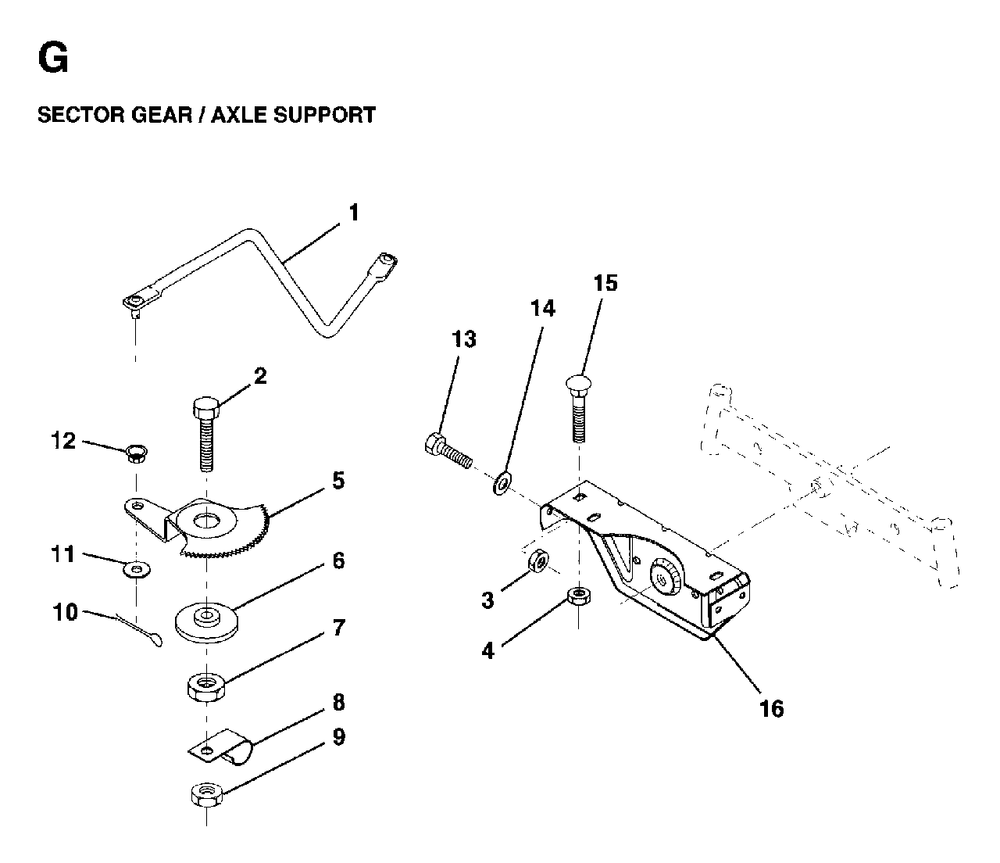 Sector Gear / Axle Support Diagram and Parts List for LR12 (954003411)(1997-04) Jonsered Lawn Tractor