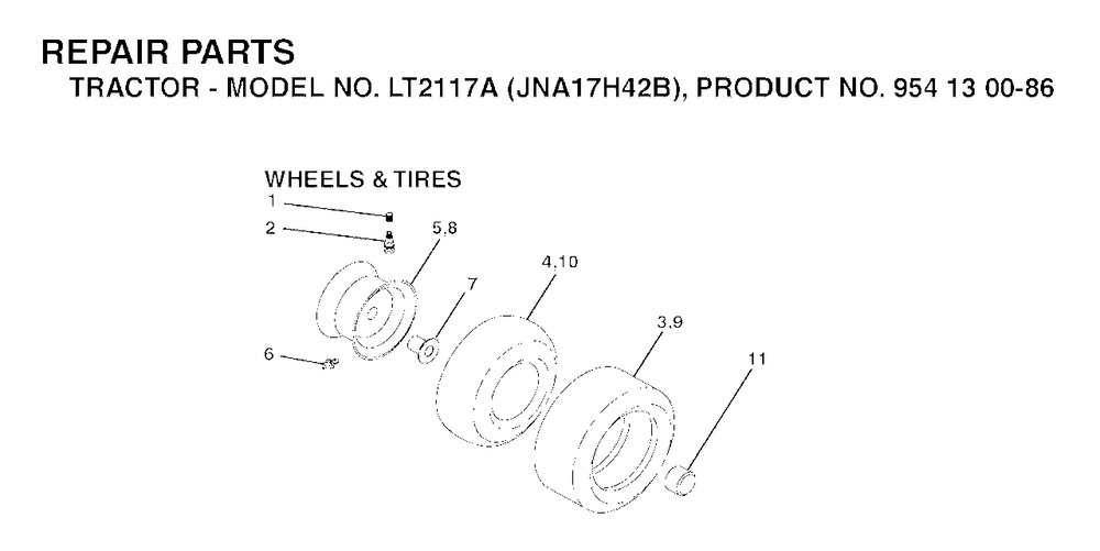 Wheels Tires Diagram and Parts List for LT2117A (954130086)(2003-05) Jonsered Lawn Tractor