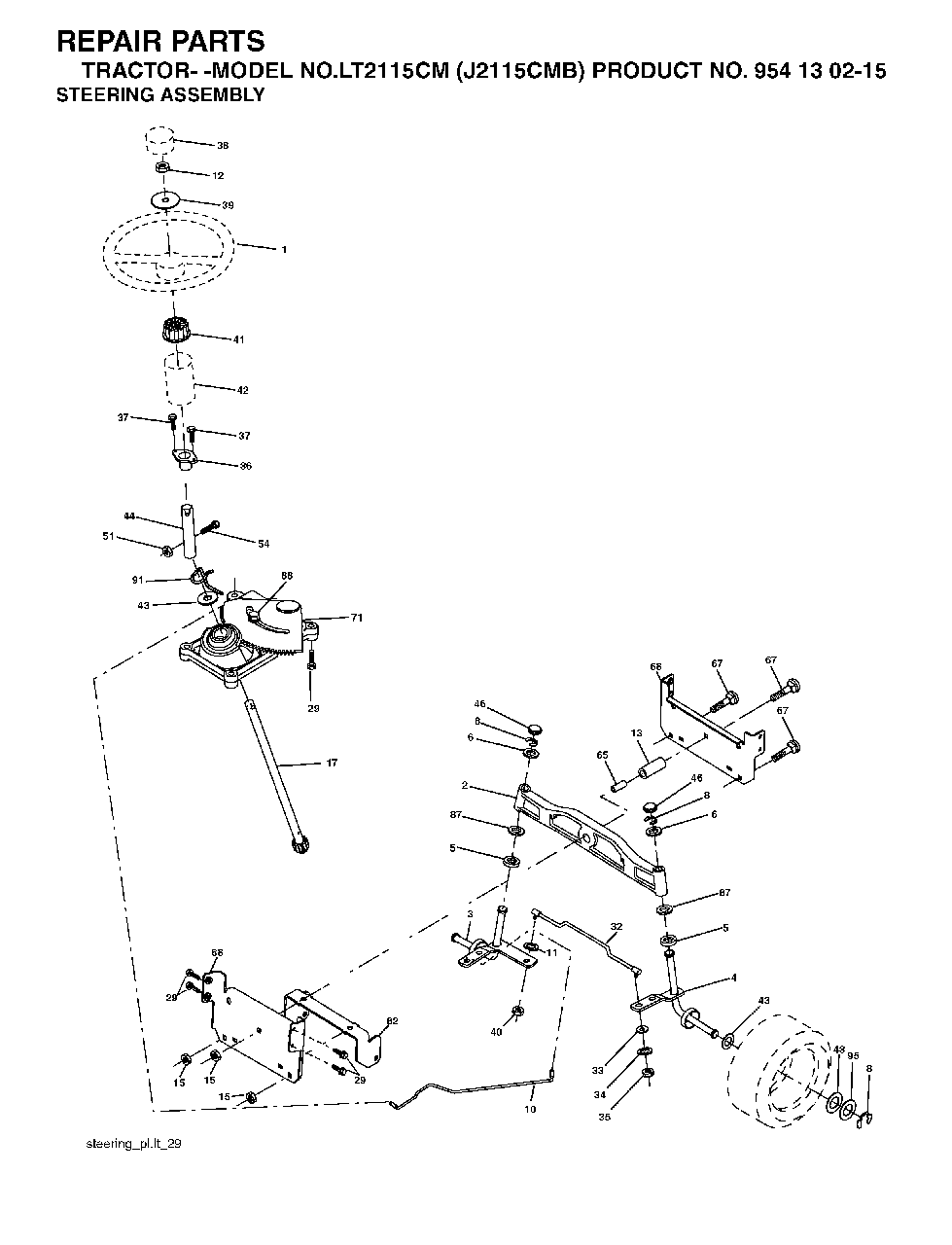 Steering Diagram and Parts List for LT2115CM (954130215)(2004-06) Jonsered Lawn Tractor