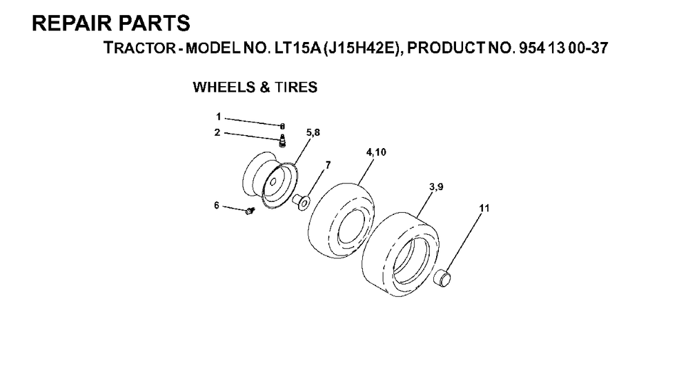 Wheels Tires Diagram and Parts List for LT15A (954130037-E)(2000-02) Jonsered Lawn Tractor