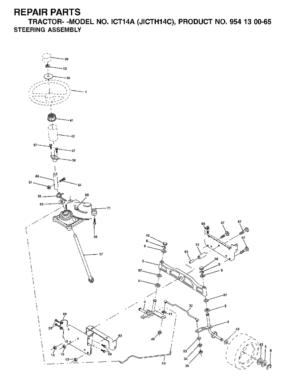 Steering Diagram and Parts List for ICT14A (954130065)(2002-03) Jonsered Lawn Tractor