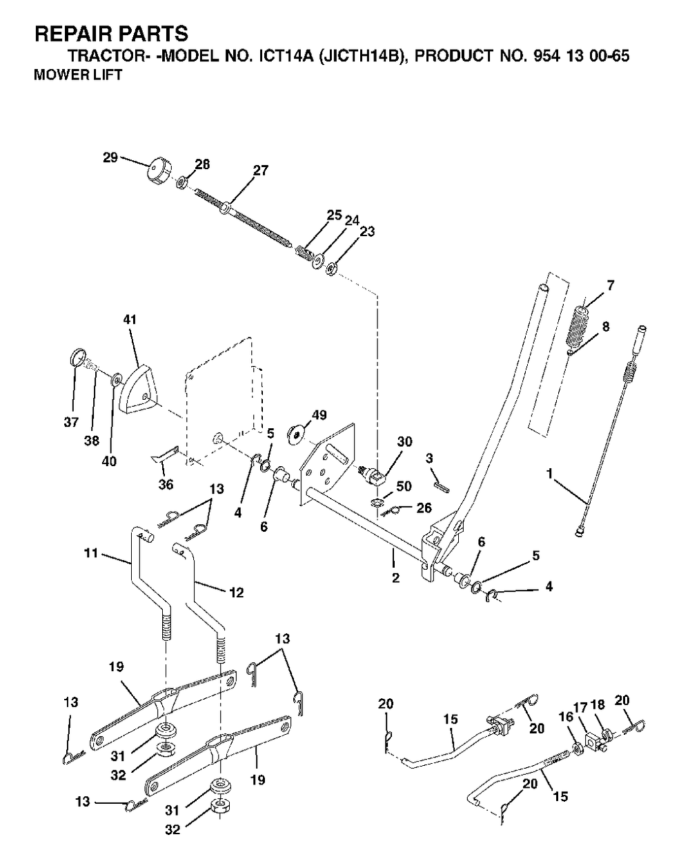 Mower Lift / Deck Lift Diagram and Parts List for ICT14A (954130065-B)(2002-02) Jonsered Lawn Tractor