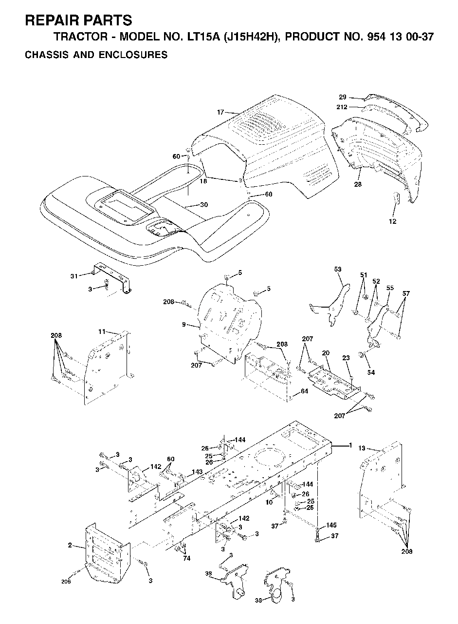 Chassis Enclosures Diagram and Parts List for LT15A (954130037-H)(2001-01) Jonsered Lawn Tractor