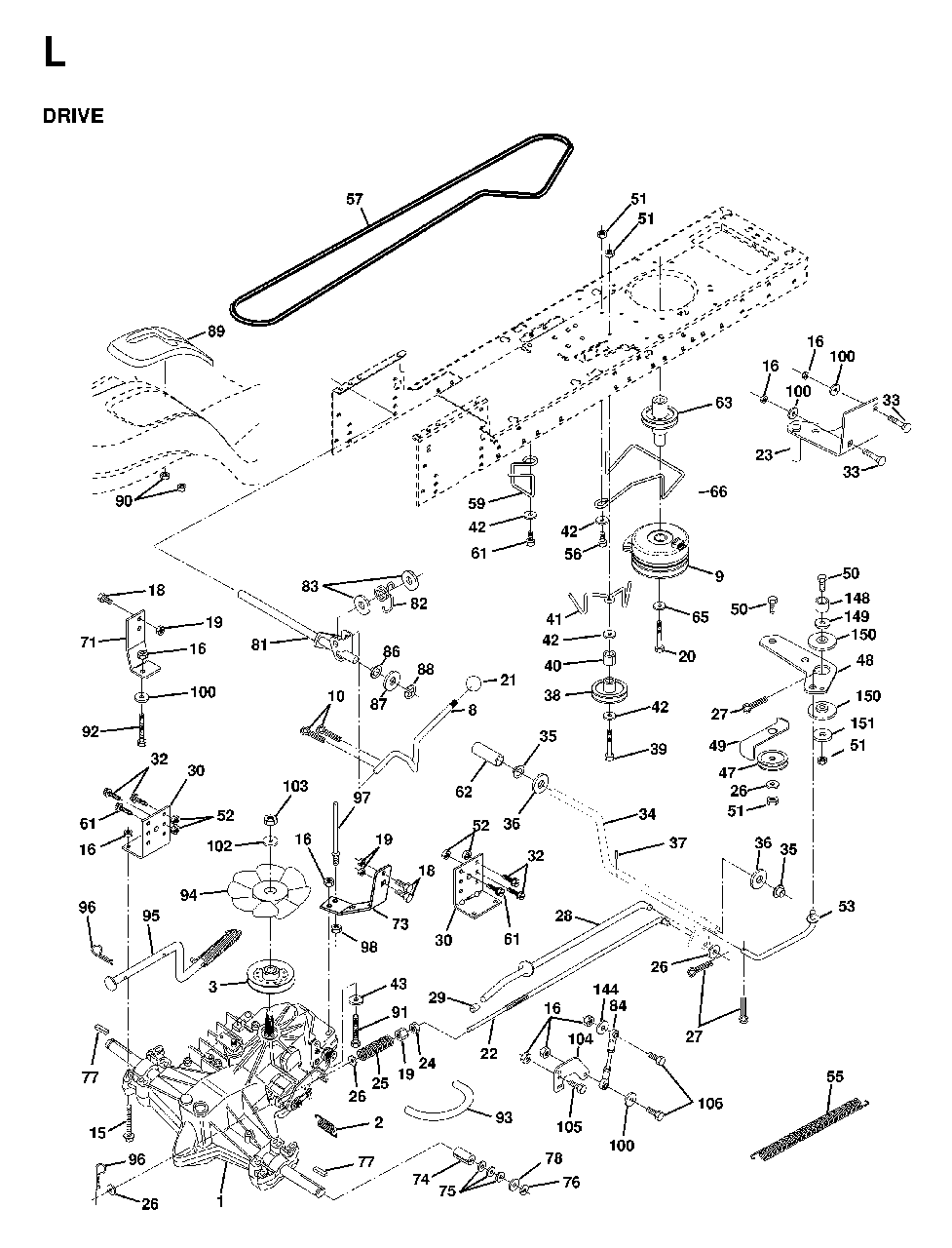 Drive Diagram and Parts List for LTH16 1998-01 Jonsered Lawn Tractor