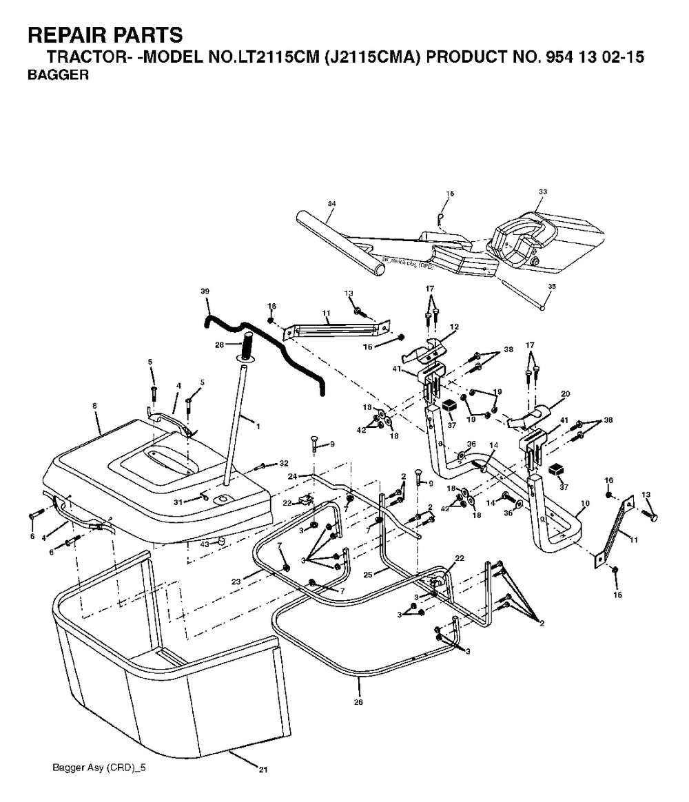 Bagger Diagram and Parts List for LT2115CM (954130215)(2004-01) Jonsered Lawn Tractor
