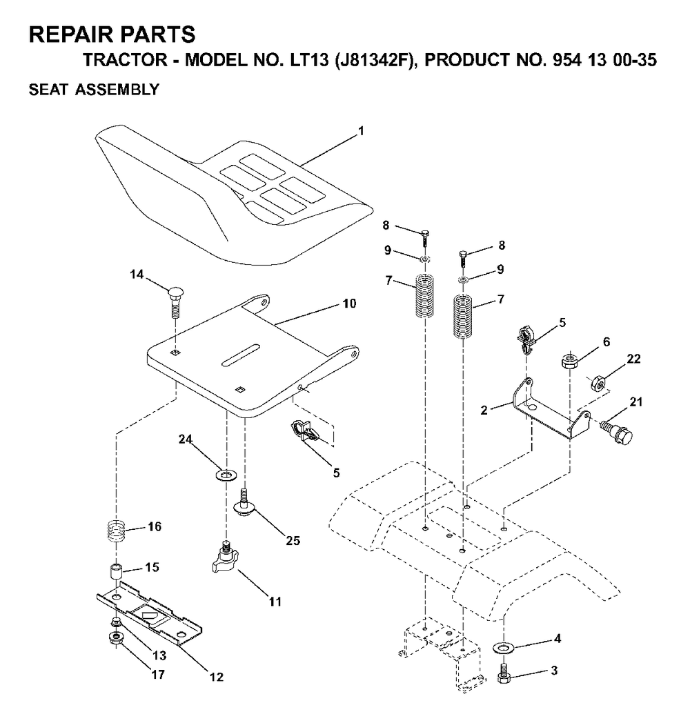 Seat Diagram and Parts List for LT13 (954130035)(2000-04) Jonsered Lawn Tractor