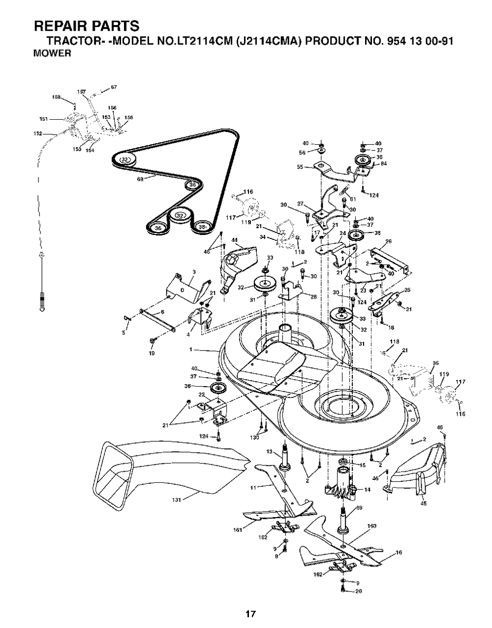 Mower Deck / Cutting Deck Diagram and Parts List for LT2114CM (954130091)(2003-01) Jonsered Lawn Tractor