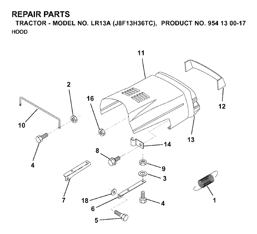 Hood Diagram and Parts List for LR13A (954130017)(2000-02) Jonsered Lawn Tractor