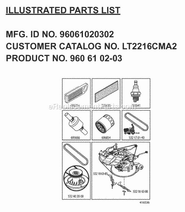 Frequently Used Parts Diagram and Parts List for LT2216CMA2 (960610203-96061020302)(2008-01) Jonsered Lawn Tractor