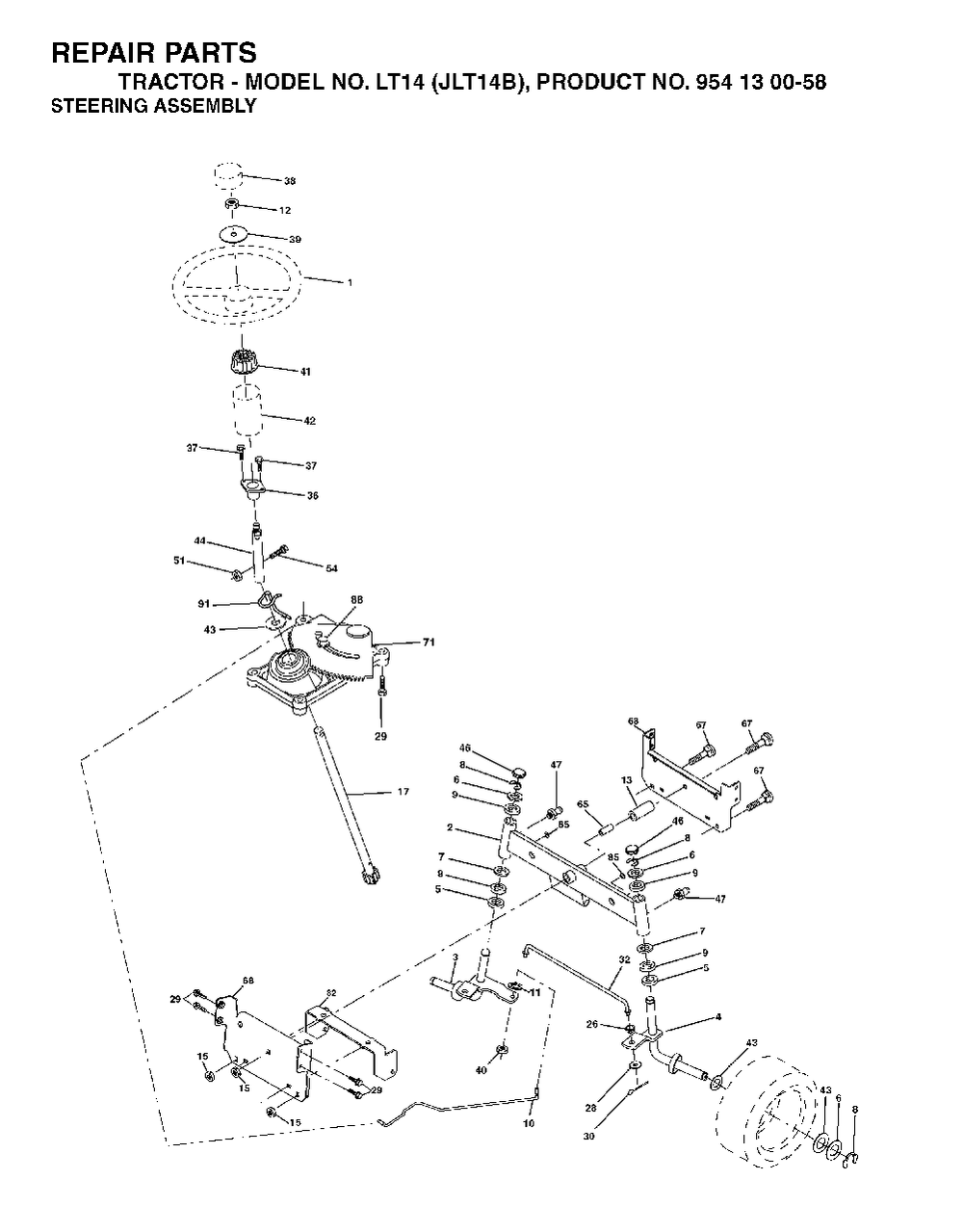Steering Diagram and Parts List for LT14 (954130058)(2003-01) Jonsered Lawn Tractor