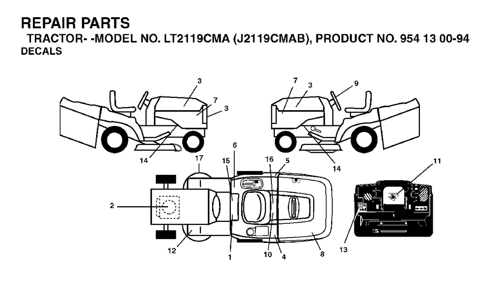 Decals Diagram and Parts List for LT2119CMA (954130094)(2003-05) Jonsered Lawn Tractor