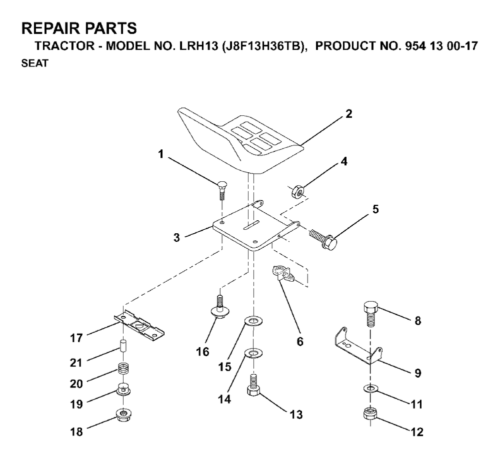 Seat Diagram and Parts List for LRH13 (954130017)(1998-12) Jonsered Lawn Tractor