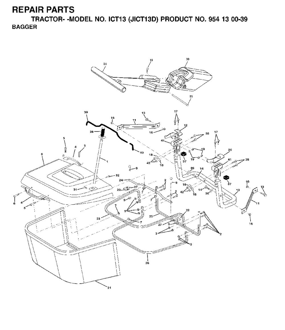 Bagger Diagram and Parts List for ICT13 (954130039)(2001-01) Jonsered Lawn Tractor