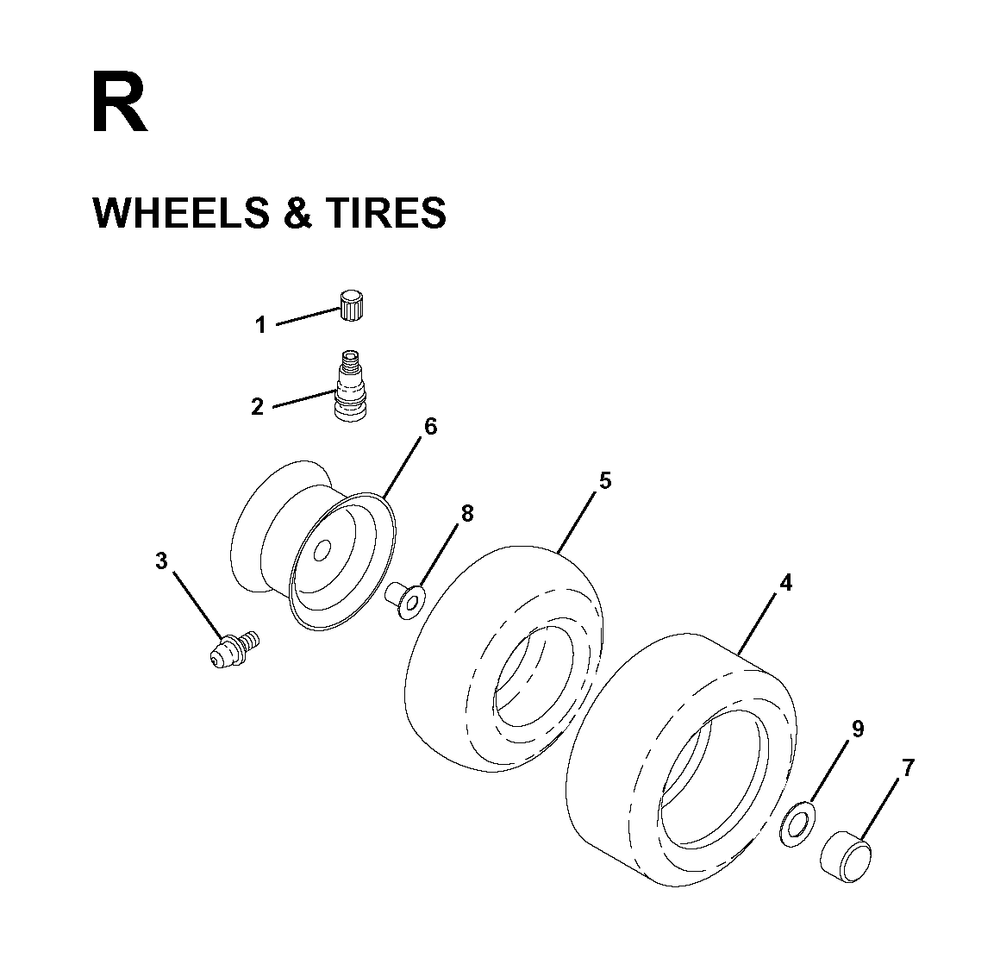 Wheels Tires Diagram and Parts List for LR12 1998-04 Jonsered Lawn Tractor