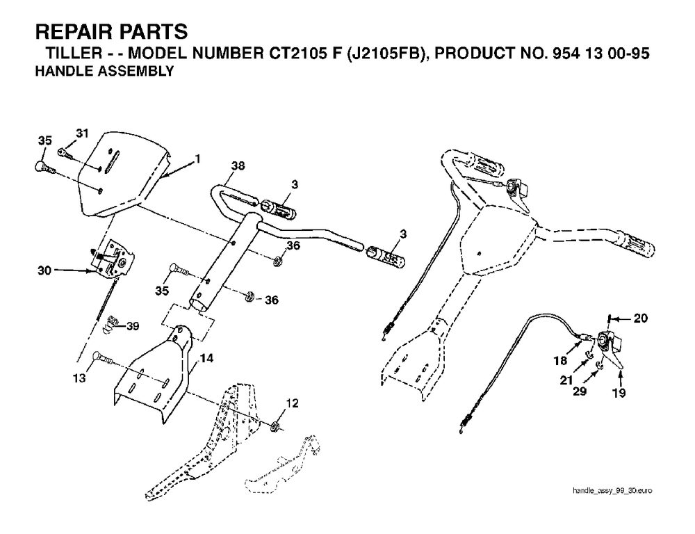 Handle Diagram and Parts List for CT2105F (954130095)(2004-01) Jonsered Tiller