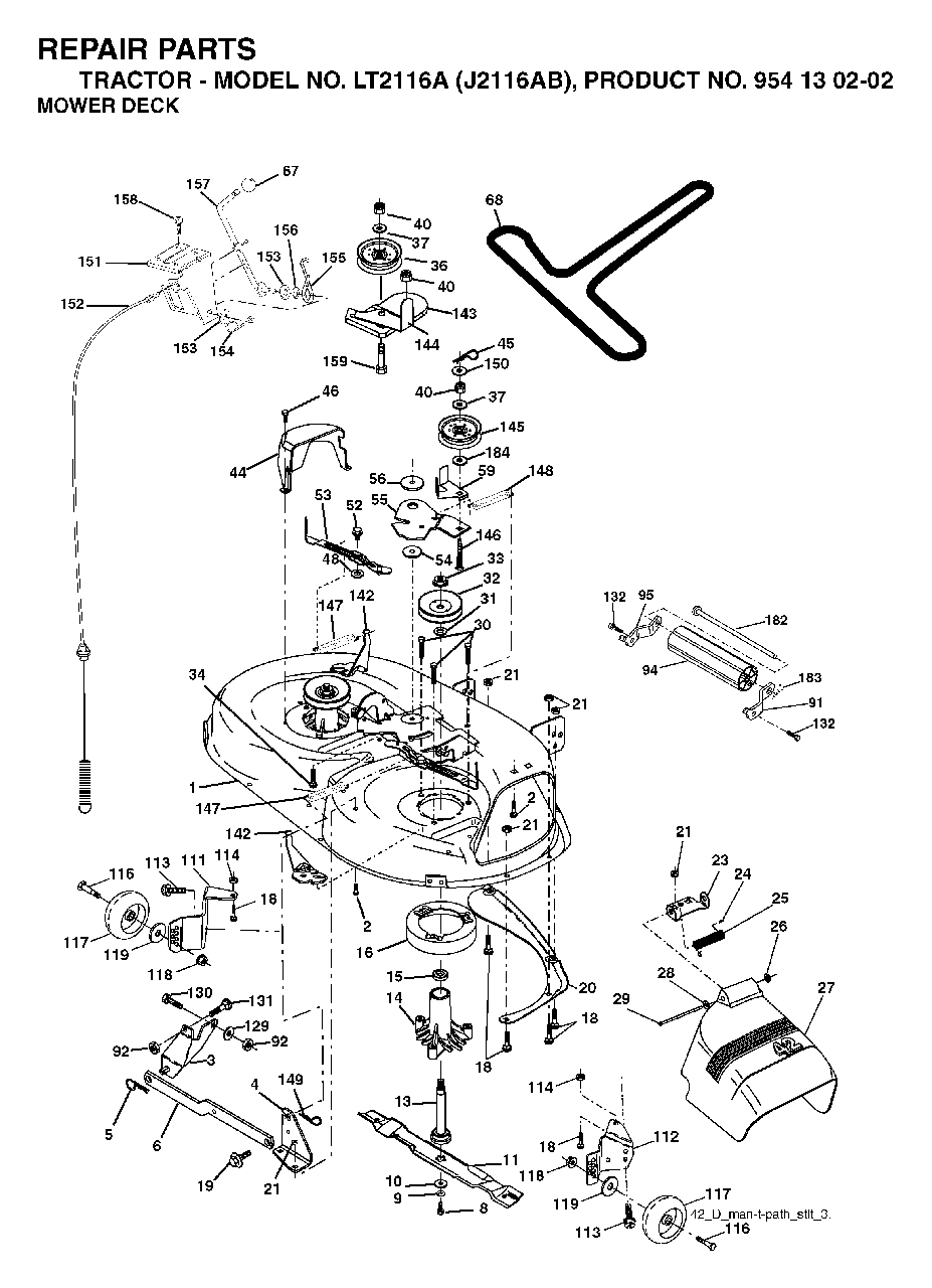 Mower Deck / Cutting Deck Diagram and Parts List for LT2116A (954130202-B)(2003-01) Jonsered Lawn Tractor