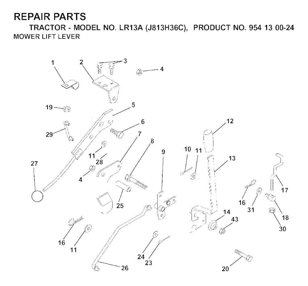 Mower Lift Lever Diagram and Parts List for LR13A (954130024)(2000-03) Jonsered Lawn Tractor