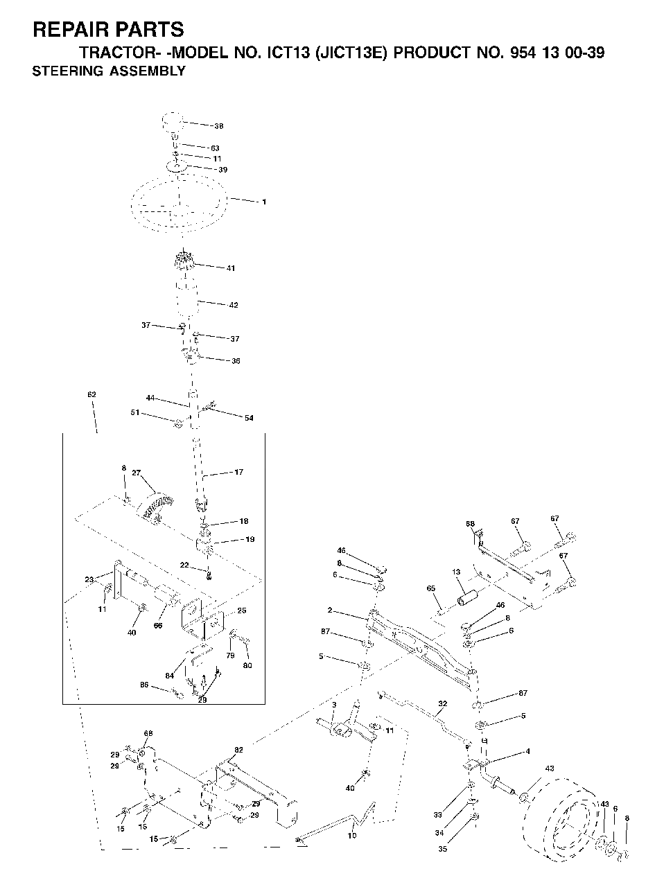 Steering Diagram and Parts List for ICT13 (954130039)(2001-09) Jonsered Lawn Tractor